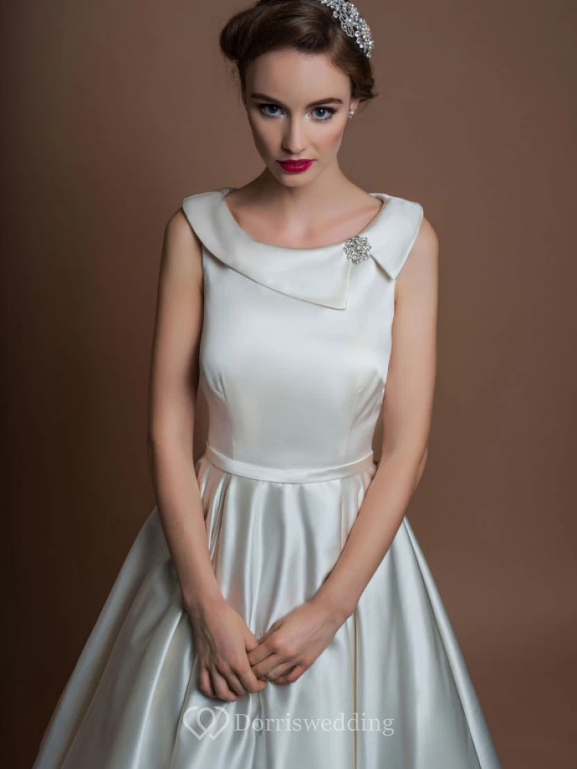 A-Line Sleeveless Tea-Length Bateau-Neck Satin Wedding Dress With Broach view 3