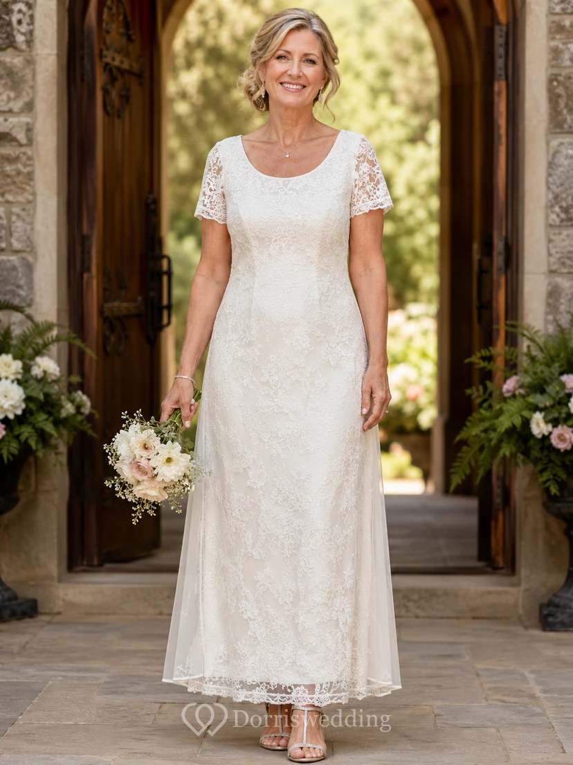 Robe de mariée fourreau en dentelle longueur cheville, manches courtes, pour mariées plus âgées