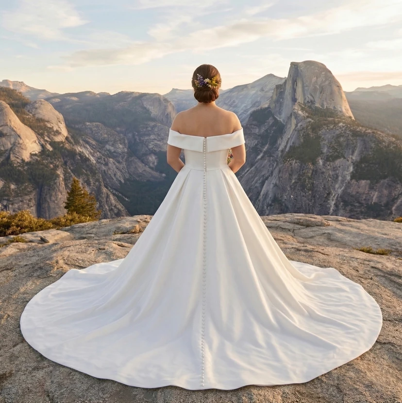 Plus Size Off Shoulder Satin Ball Gown Wedding Dress with Cathedral Train view 2