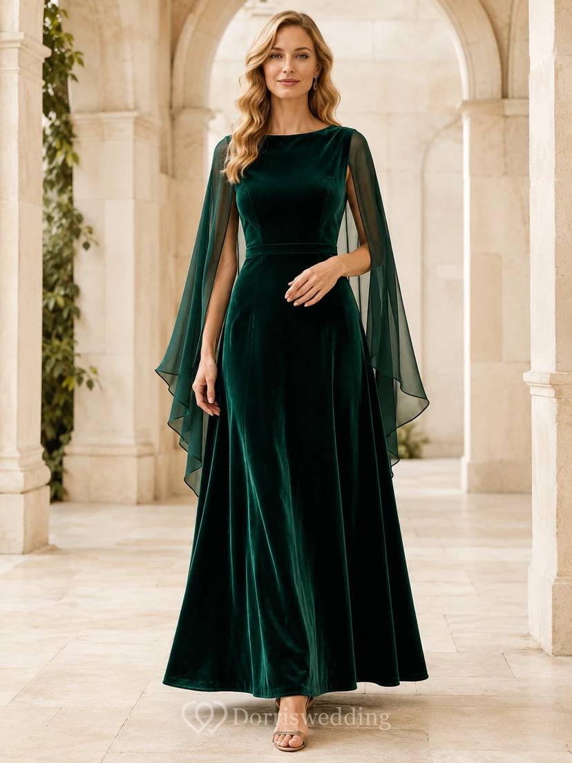 Dark Green High Neck Velvet Cape Formal Guest Dress