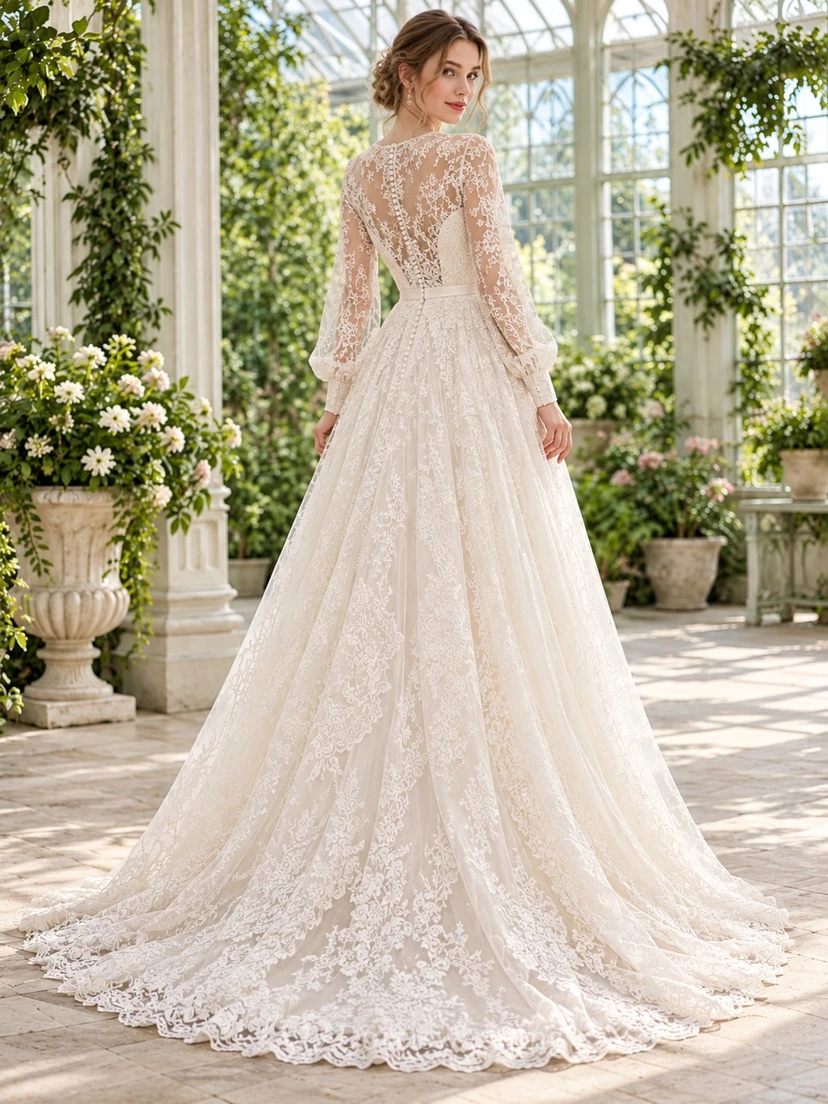 Vintage Long Sleeve Bateau Sweetheart Lace A-Line Bridal Wedding Dress view 2