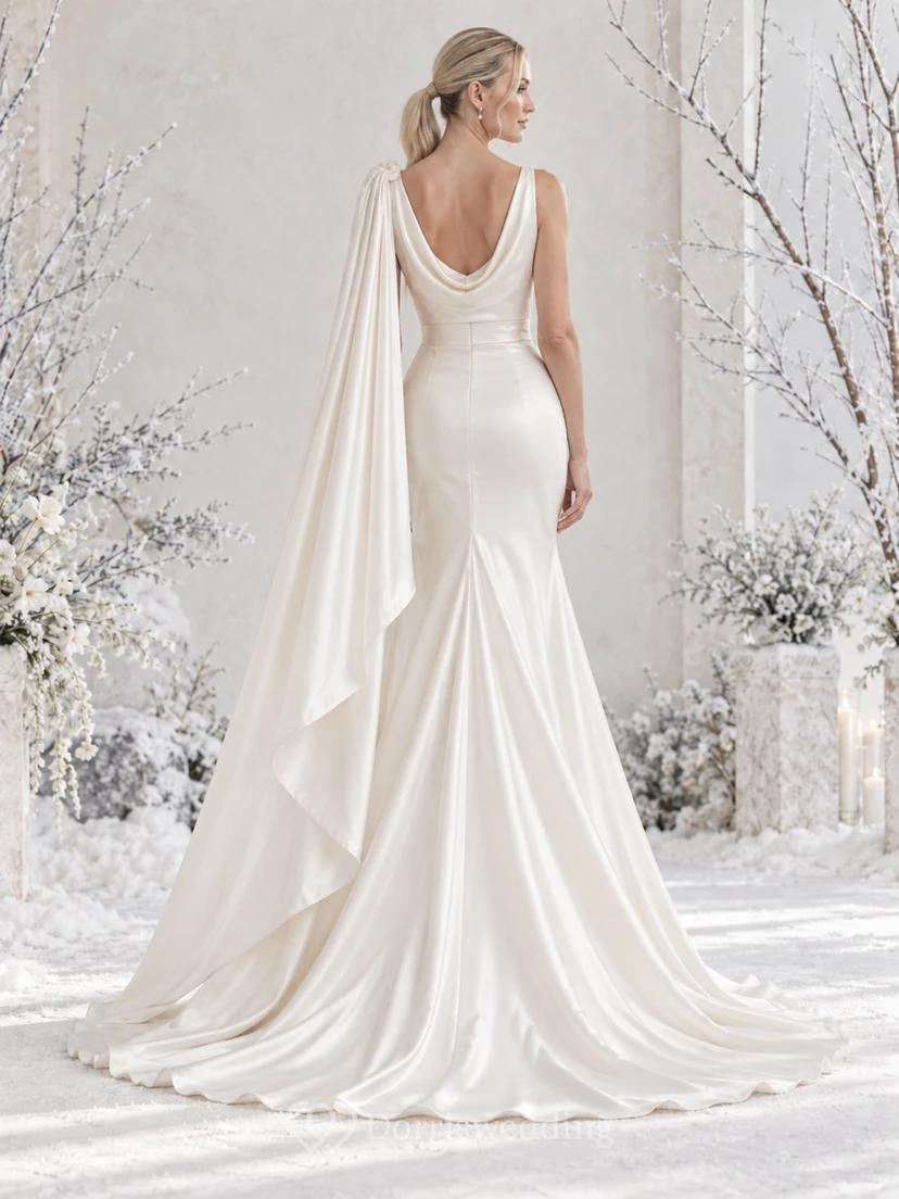 Meerjungfrauen-Hochzeitskleid mit schlichtem Winter-Wasserfallkragen, ärmellos, drapiertem Satincape view 2