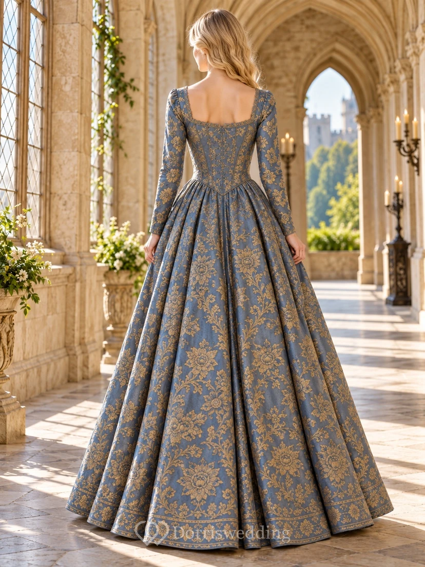Robe de cérémonie médiévale vintage à col carré et manches longues, bleue et or à fleurs, style floral. view 2