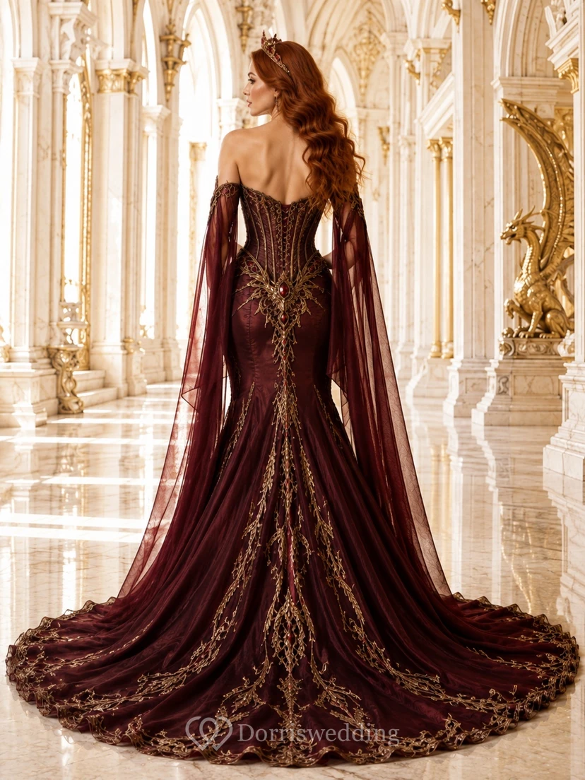 Burgundy Gold Off-the-shoulder Embroidered Mermaid Cape Train Fantasy Evening Gown view 2