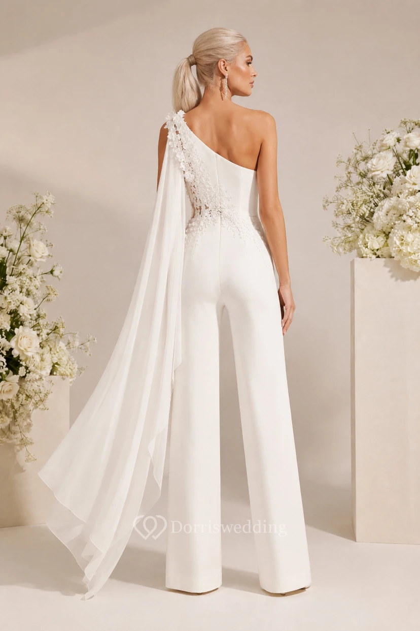 White One-Shoulder Lace Cape Bridal Jumpsuit view 2