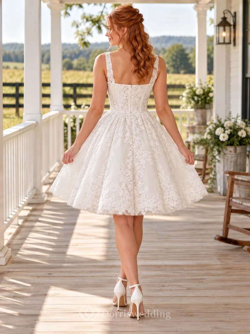 Square Neck Country Knee Length Floral Lace Sleeveless A-line Wedding Dress view 2