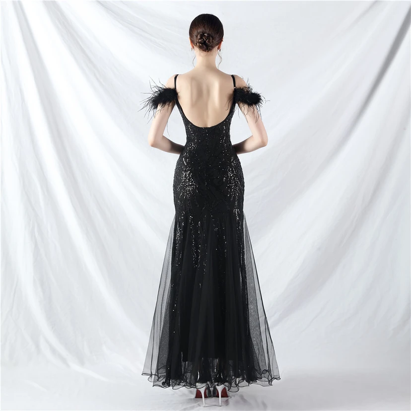 9-farbiges, handgefertigtes Abendkleid aus Kamelfedern, Netzstoff und Pailletten, sexy Trägern view 46