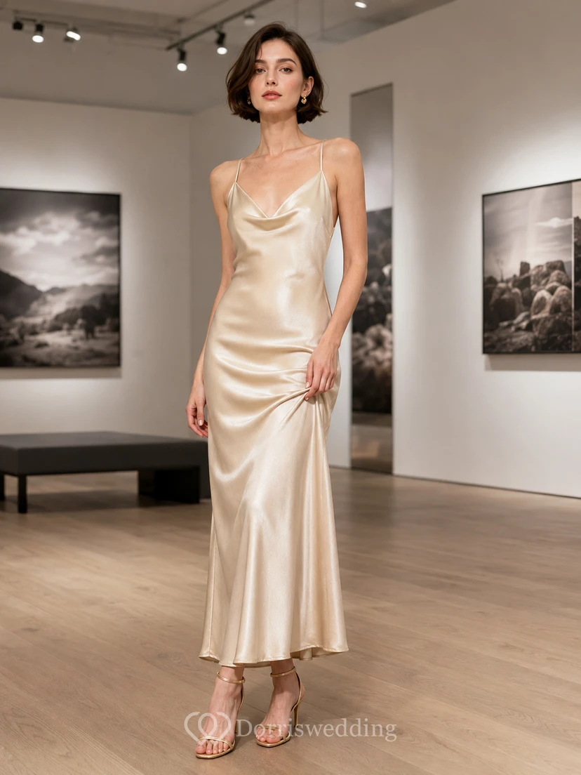 Champagnerfarbenes, trägerloses Midikleid aus Satin mit Wasserfallausschnitt