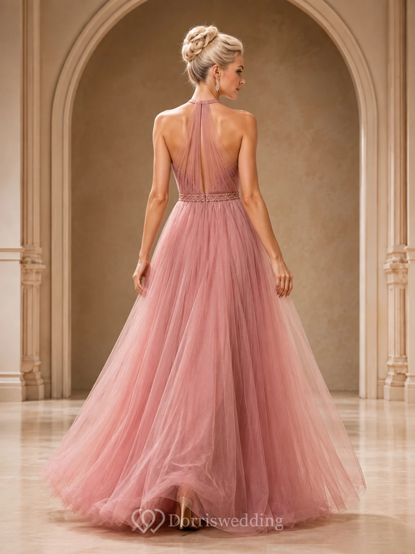 Dusty Rose High Neck Sleeveless Pleated Tulle Ball Gown Prom Dress view 2