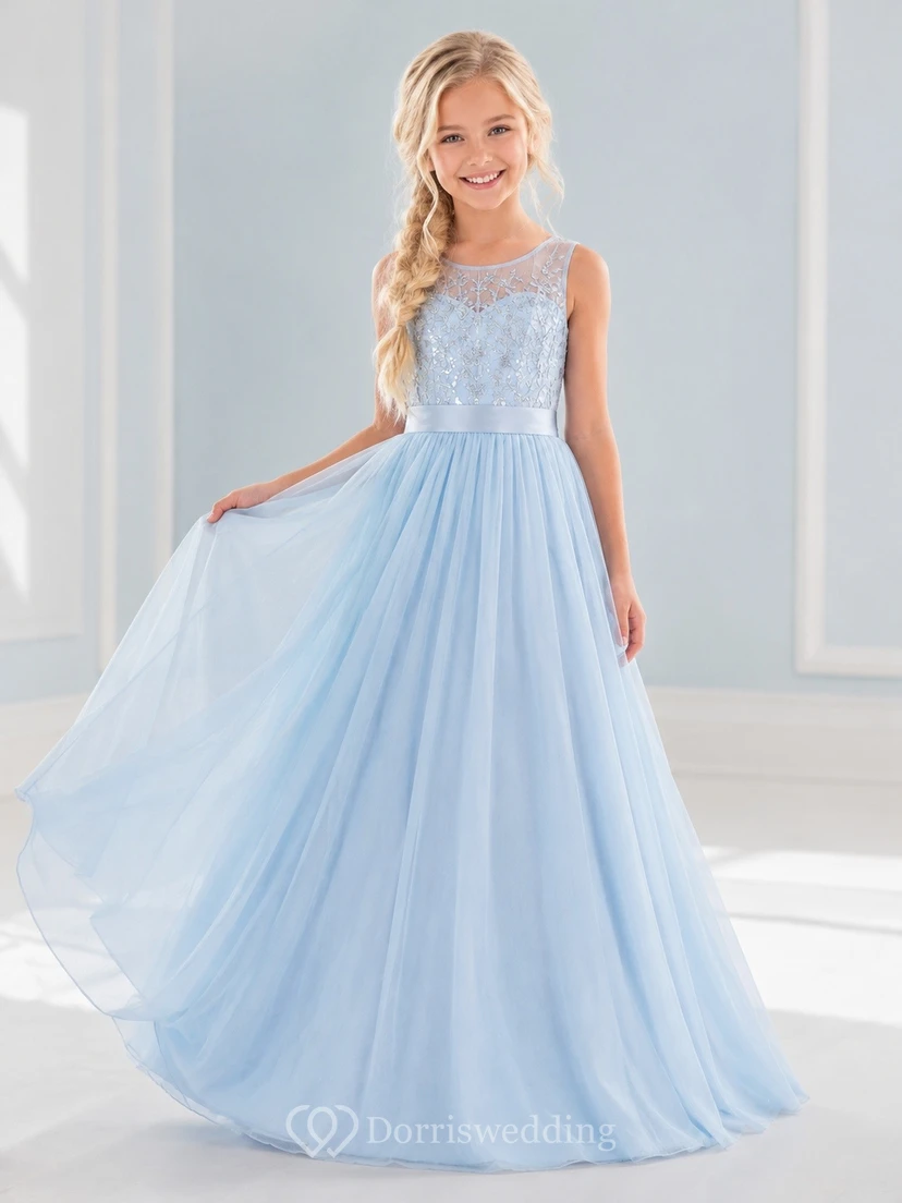 Sky Blue Lace Cap Sleeve A Line Floor Length Flowergirl Dress