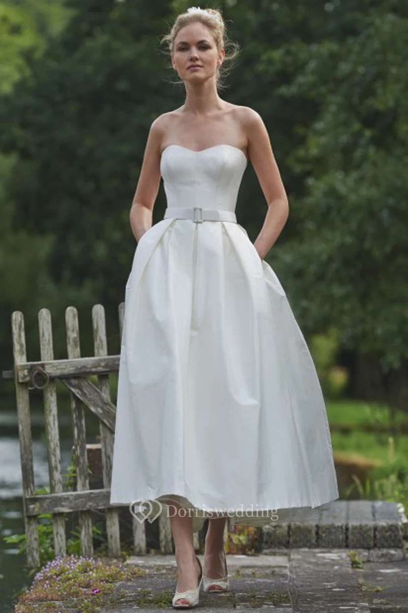Tea-Length Sweetheart Sleeveless Taffeta Wedding Dress