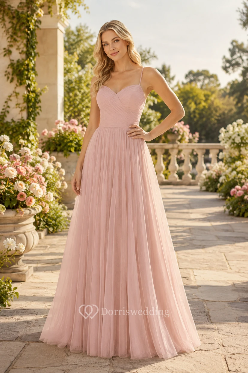 Plus Size Brautjungfernkleid in zartem Rosa mit Spaghettiträgern, A-Linie und gekreuztem Rückenausschnitt