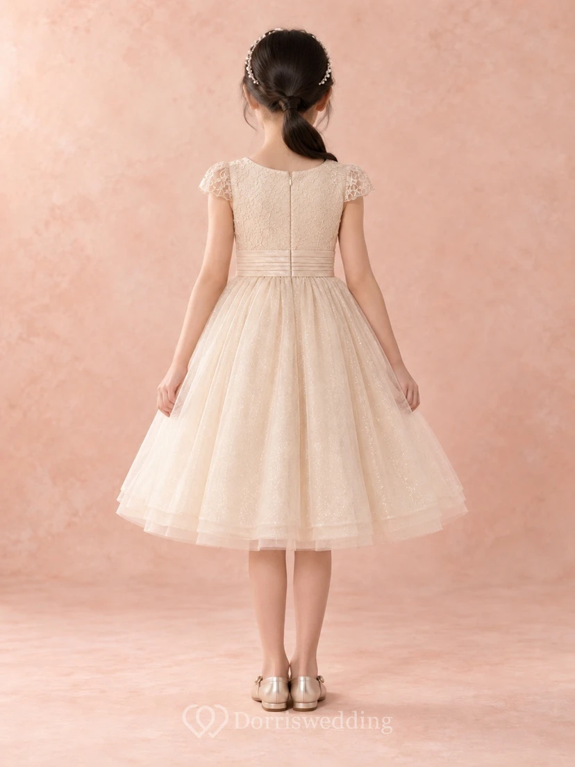 Knee-length Champagne Floral A-line Tulle Lace-bodice Cap-sleeve Pleated-waist Flower Girl Dress view 2