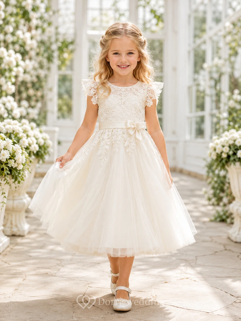 Blumenmädchenkleid aus elfenbeinfarbener Spitze und Tüll, A-Linie, kurze Ärmel, Rundhalsausschnitt, Teelänge, Schärpendetails