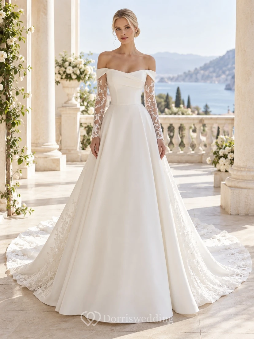 Vestido de novia romántico de corte A, largo hasta el suelo, con corpiño estructurado, mangas largas, hombros descubiertos, encaje floral y satén.