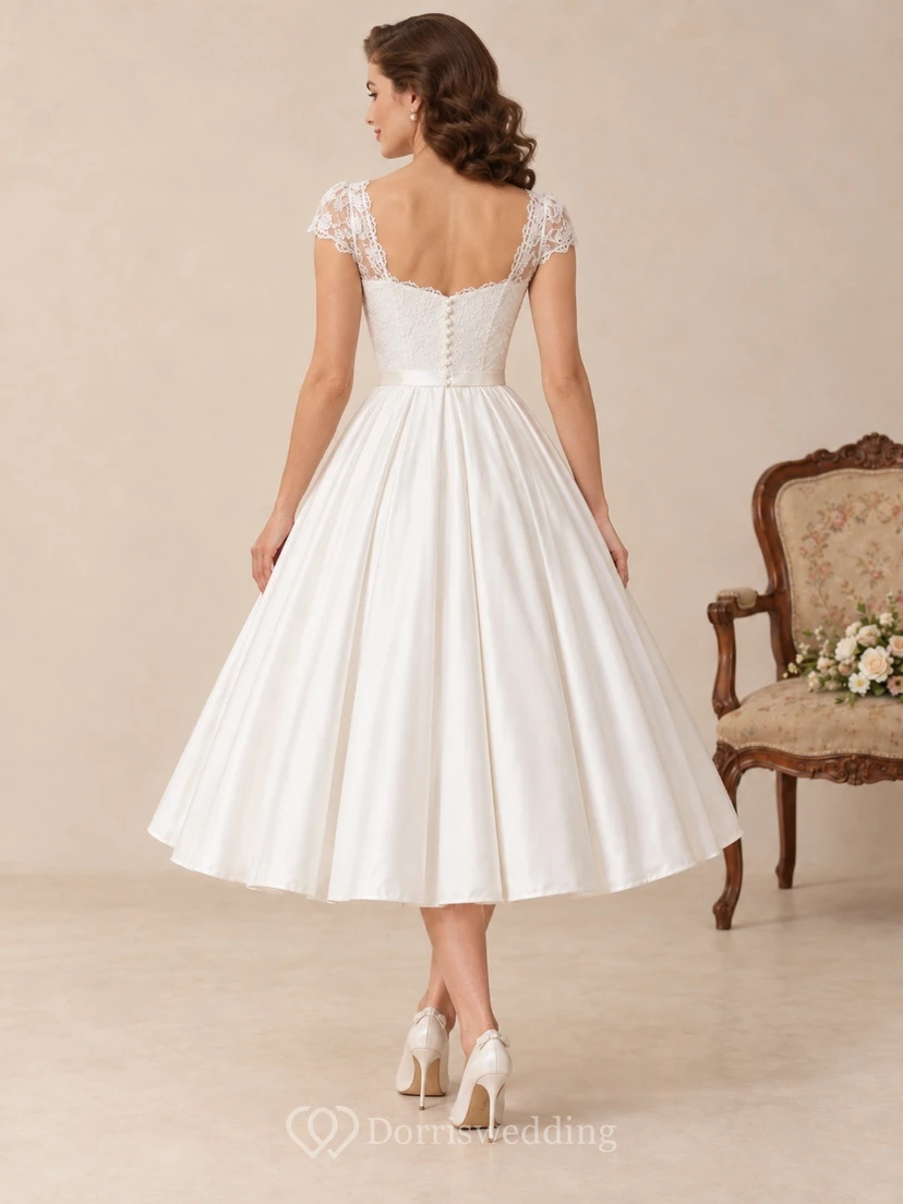 Robe de mariée vintage en satin, coupe trapèze, décolleté cœur et manches courtes, longueur thé view 2
