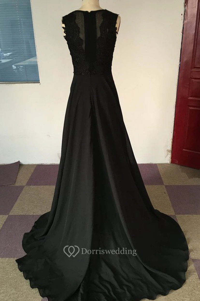 Ärmelloses A-Linien-Kleid aus Chiffon, Spitze und Schmucksteinen mit Reißverschluss view 2
