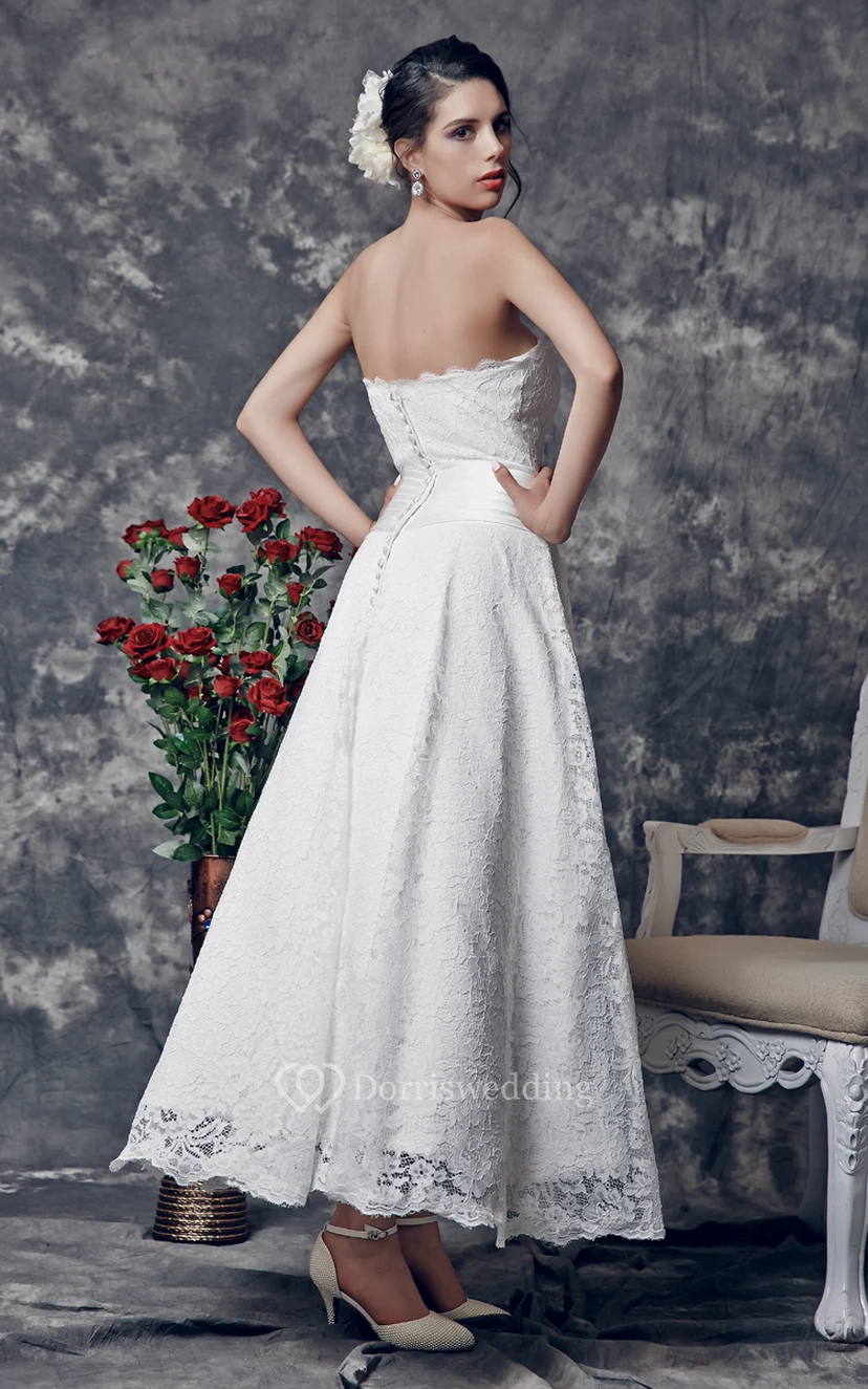 Delicate Strapless Tea Length Lace Dress With Floral Ruched Waistline view 3