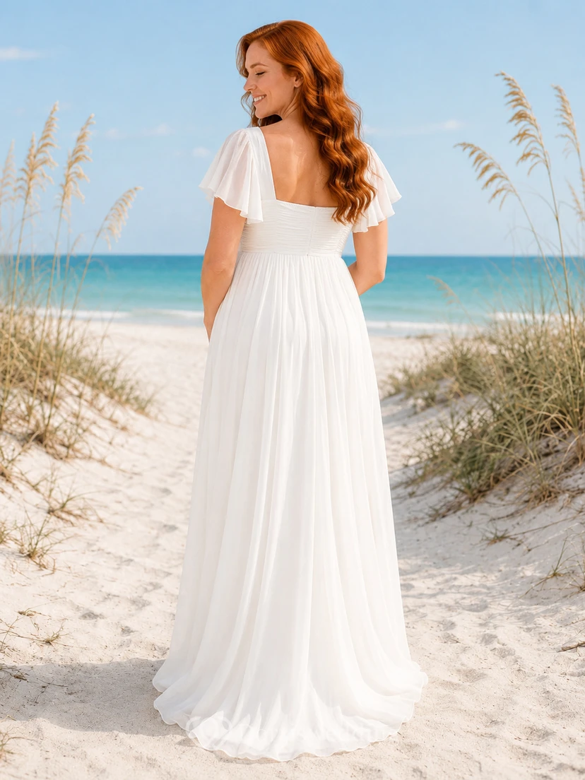 Robe de mariée de maternité pour une escapade à la plage, col carré, manches papillon, en mousseline, coupe empire, trapèze view 2