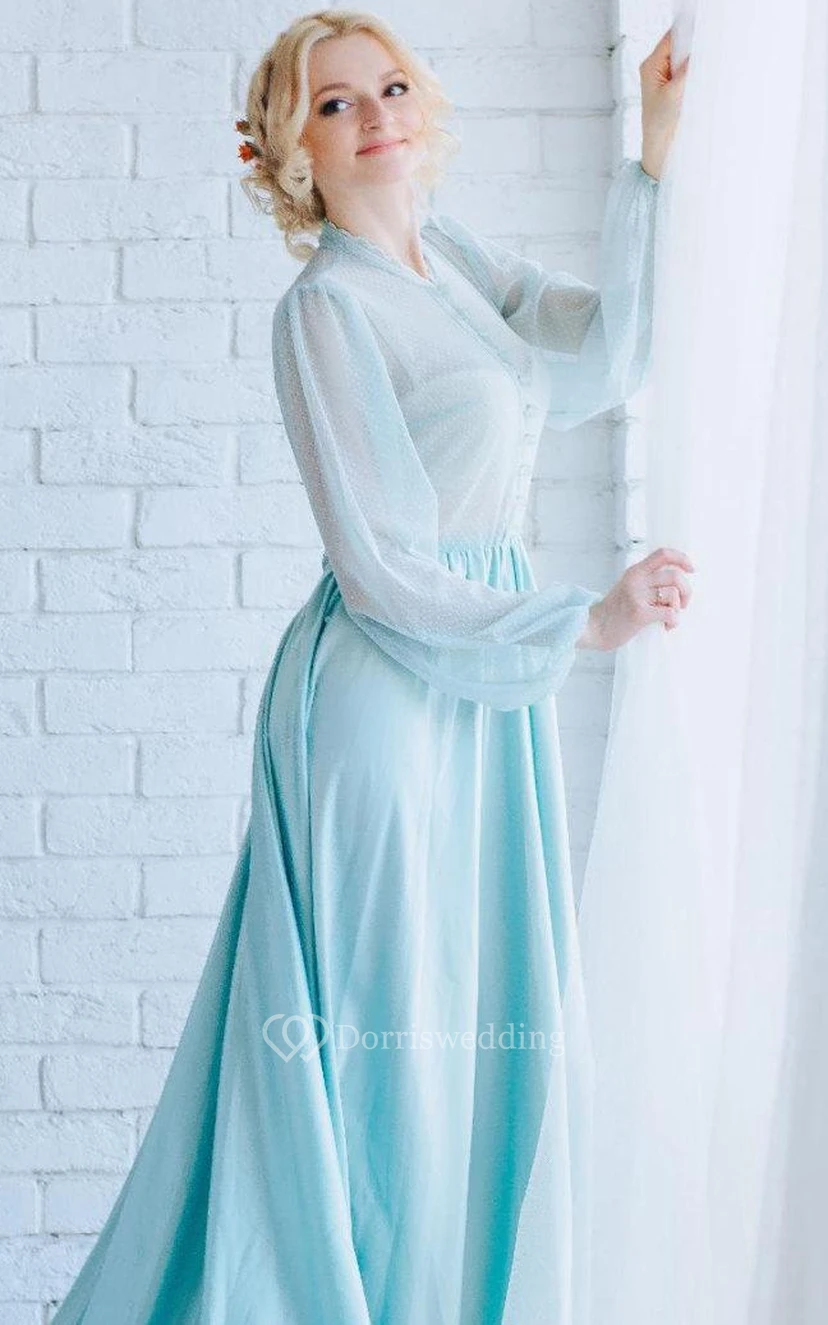 Blaues Hochzeitskleid mit blauen Ärmeln, mintfarbenes Brautkleid view 2
