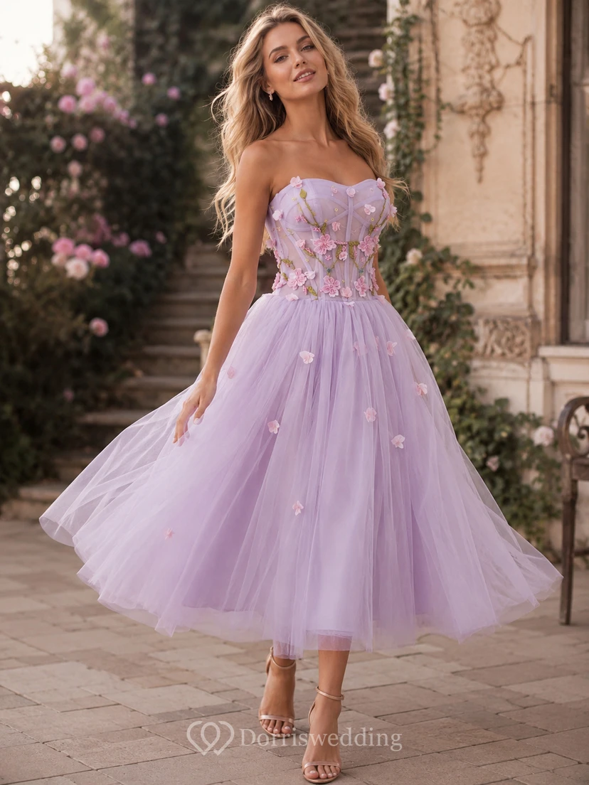 Ivory Strapless Cocktail Dress with Floral Appliqué view 3