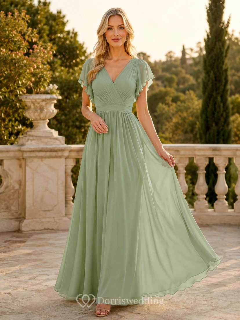 Salbeigrünes Chiffonkleid mit V-Ausschnitt und flatternden Ärmeln