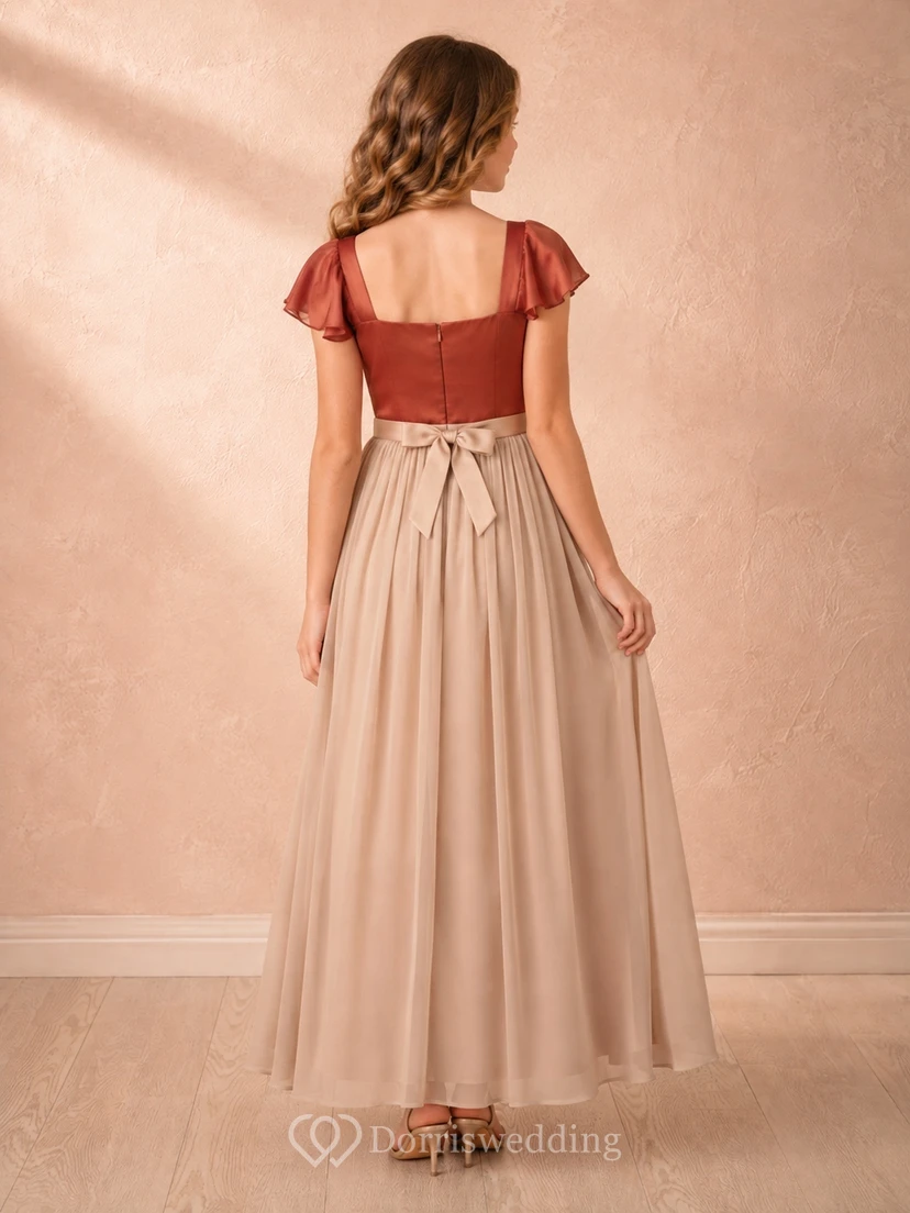 Papayafarbenes Brautjungfernkleid für junge Damen, A-Linie, eckig, kurze Ärmel, Rüschen, romantisch view 2