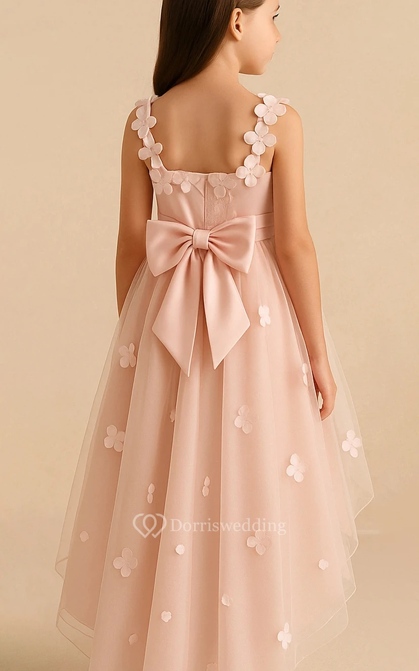Pink High-low Chiffon Flowergirl Dress with Back Bow view 2