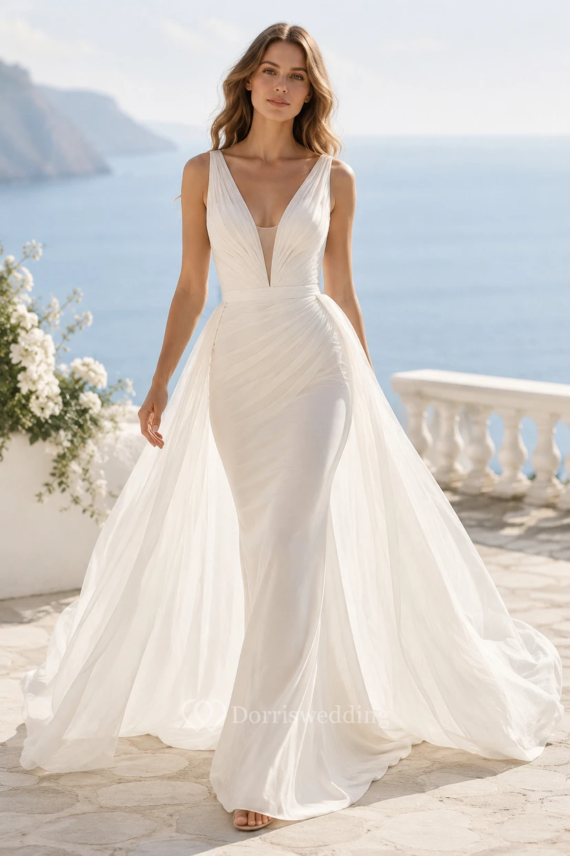 Vestido de novia de corte A con escote en V profundo, corpiño de encaje y falda de tul suave.