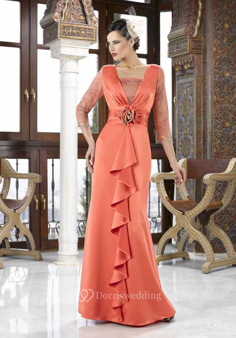 Maxi Square Neck Appliqued 3-4 Sleeve Chiffon Mother Of The Bride Dress