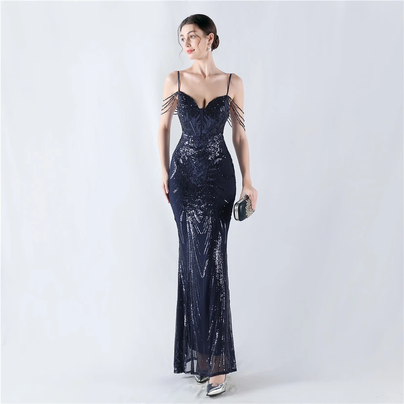 Waist-Reduced Fishbone Shaping Positioning Flower Sequined Anchor Sexy Beaded Suspender Evening Dress view 25