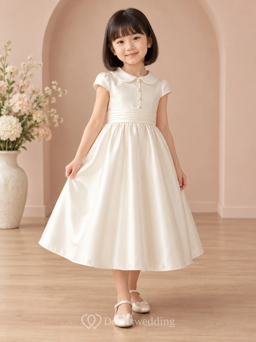 Tea-length Vintage Ivory A-line Satin Collared Cap-sleeve Button-front Flower Girl Dress