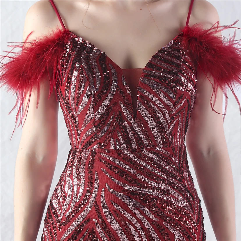 Crafted Ostrich Feather Stacked Sequins Splicing Mesh Gauze High-End Evening Dress Clothes view 8