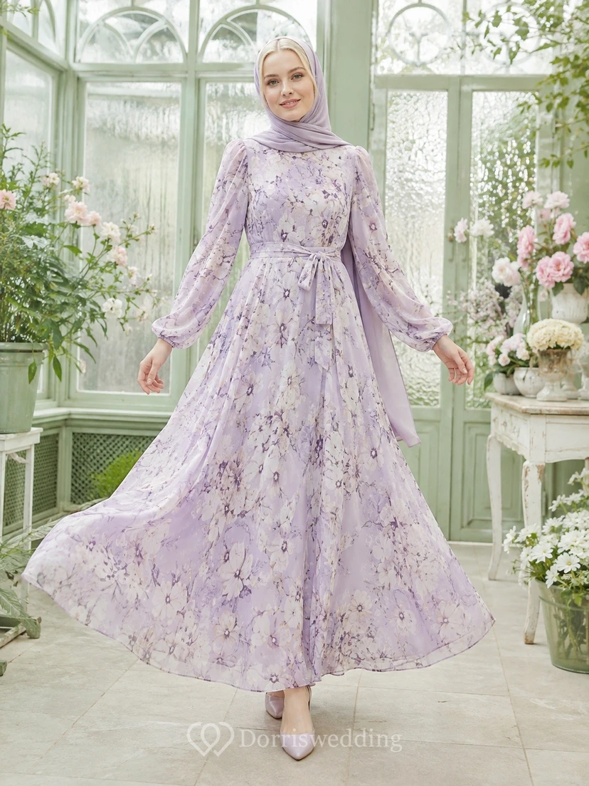 Lilac Floral Chiffon High Neck Long Sleeve Modest Maxi Dress