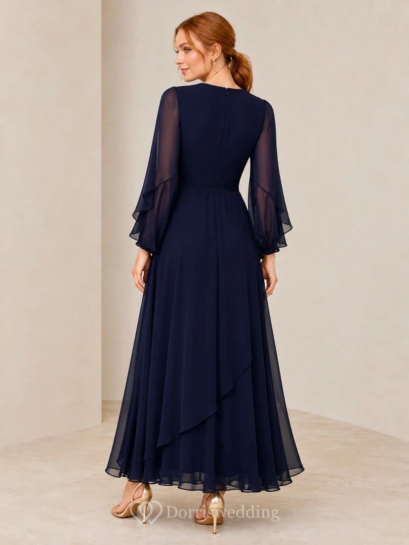 Modest Dark Navy Jewel Neck Long Bell Sleeve Chiffon A-Line Floor-Length Dress view 2