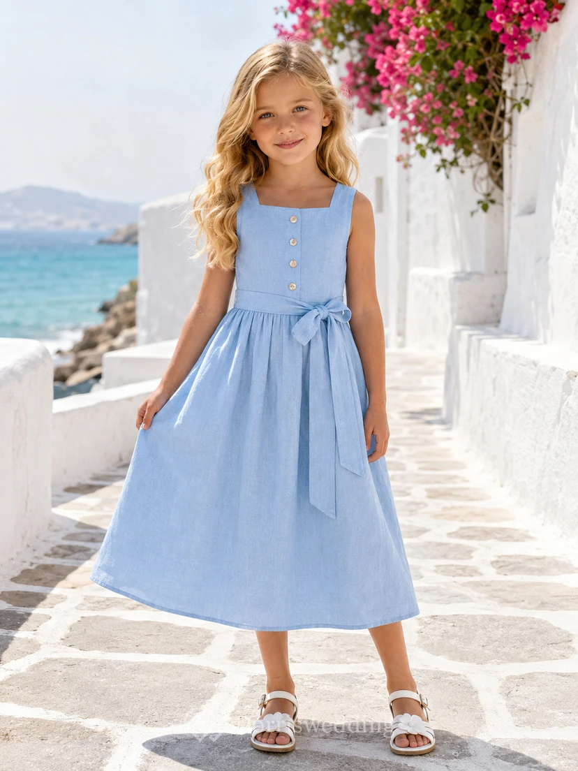 Simple Casual Flower Girl Dress Square Neck Sleeveless Sky Blue Linen Tea Length Button Waist