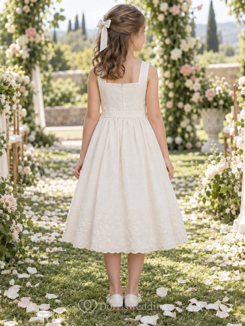 Tea-length Square Neck Country Ivory A-line Sleeveless Scalloped Pintucked Flower Girl Dress view 2