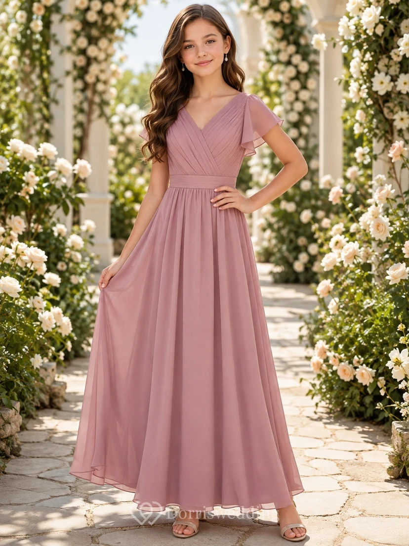 Elegantes Brautjungfernkleid in Altrosa, A-Linie, V-Ausschnitt, kurze Ärmel, plissiert