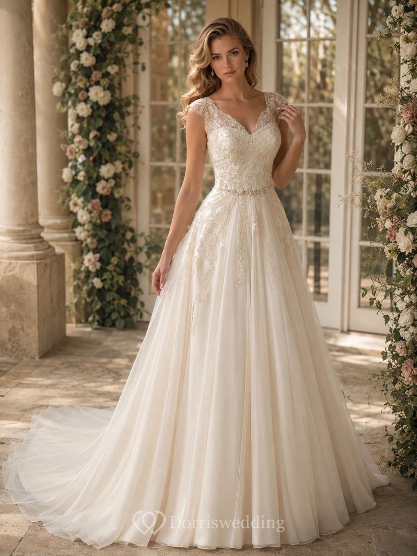 Empire-Brautkleid aus Chiffon mit Perlenbesatz, Falten und Raffungen sowie Schleppe view 2