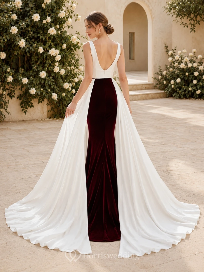 Burgunderfarbenes, fließendes Brautkleid in A-Linie mit Wasserfallausschnitt, ärmellos und Schleppe, modern und elegant view 2