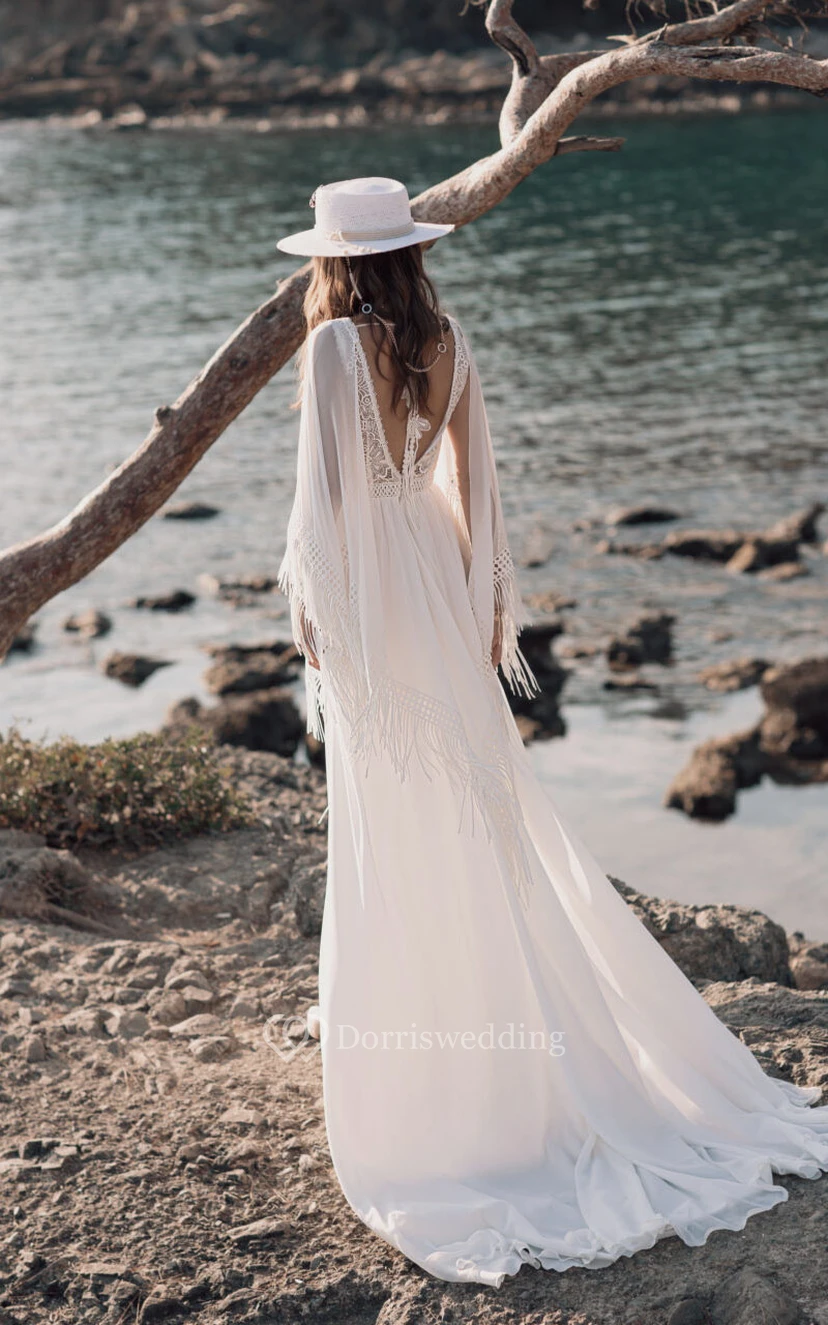 Boho-Hochzeitskleid im Landhausstil mit tiefem Ausschnitt, langen Ärmeln, asymmetrischem Saum, Empire-Schnitt, Spitze und Chiffon, tiefem V-Ausschnitt am Rücken view 2