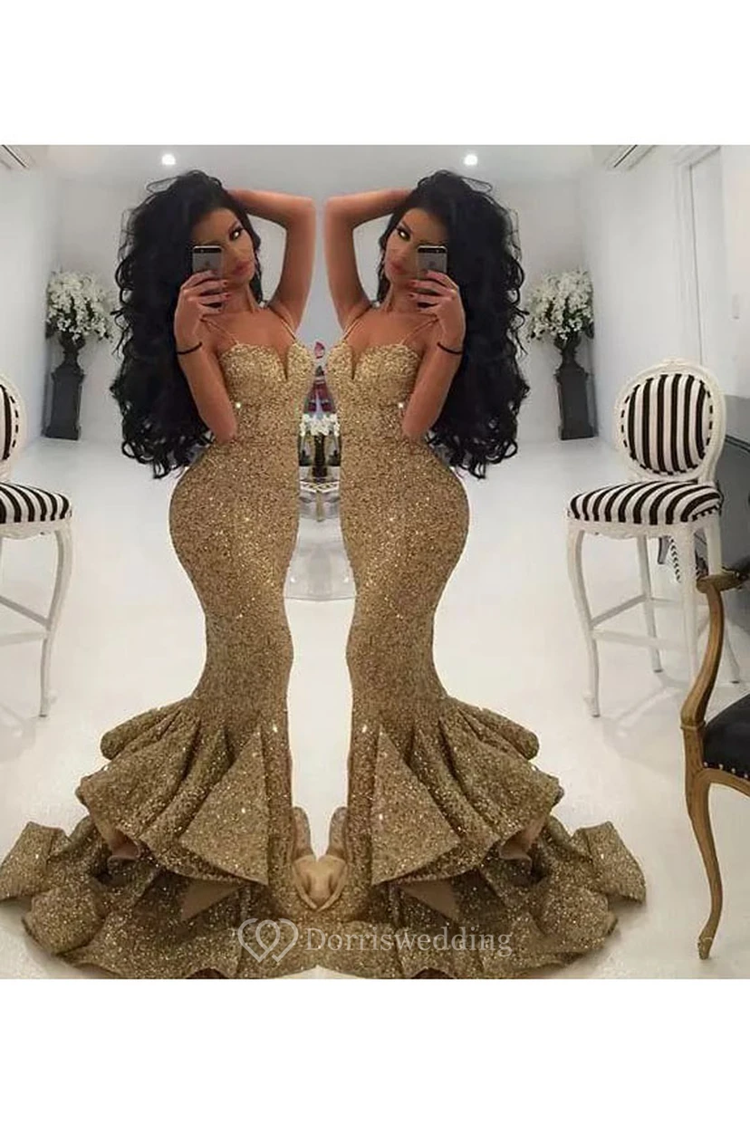Straps Neck Sweetheart Mermaid Trumpet Sequins Sexy Floor-length Sleeveless Beading Sequins Evening Dress view 2