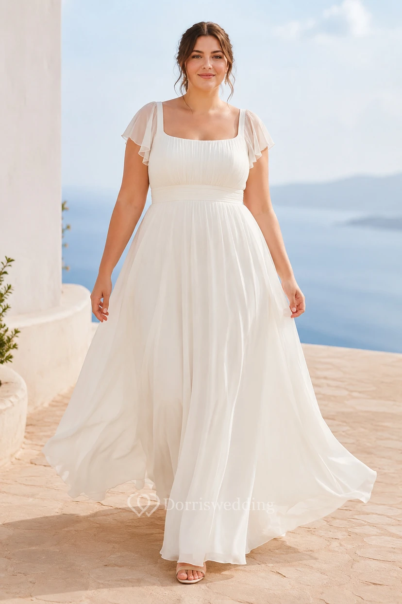 Elfenbeinfarbenes Brautkleid in A-Linie aus Tüll mit eckigem Ausschnitt und kurzen, transparenten Ärmeln in großen Größen