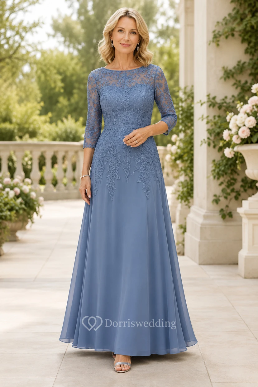 Staubblaues A-Linien-Kleid mit Spitzenoberteil und Schlüssellochausschnitt am Rücken