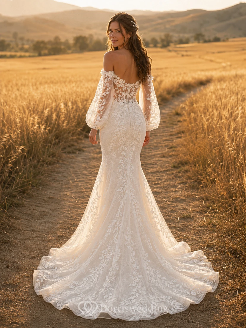 Robe de mariée champêtre en dentelle, coupe sirène, épaules dénudées, manches longues, traîne chapelle et dos nu plongeant en V. view 2