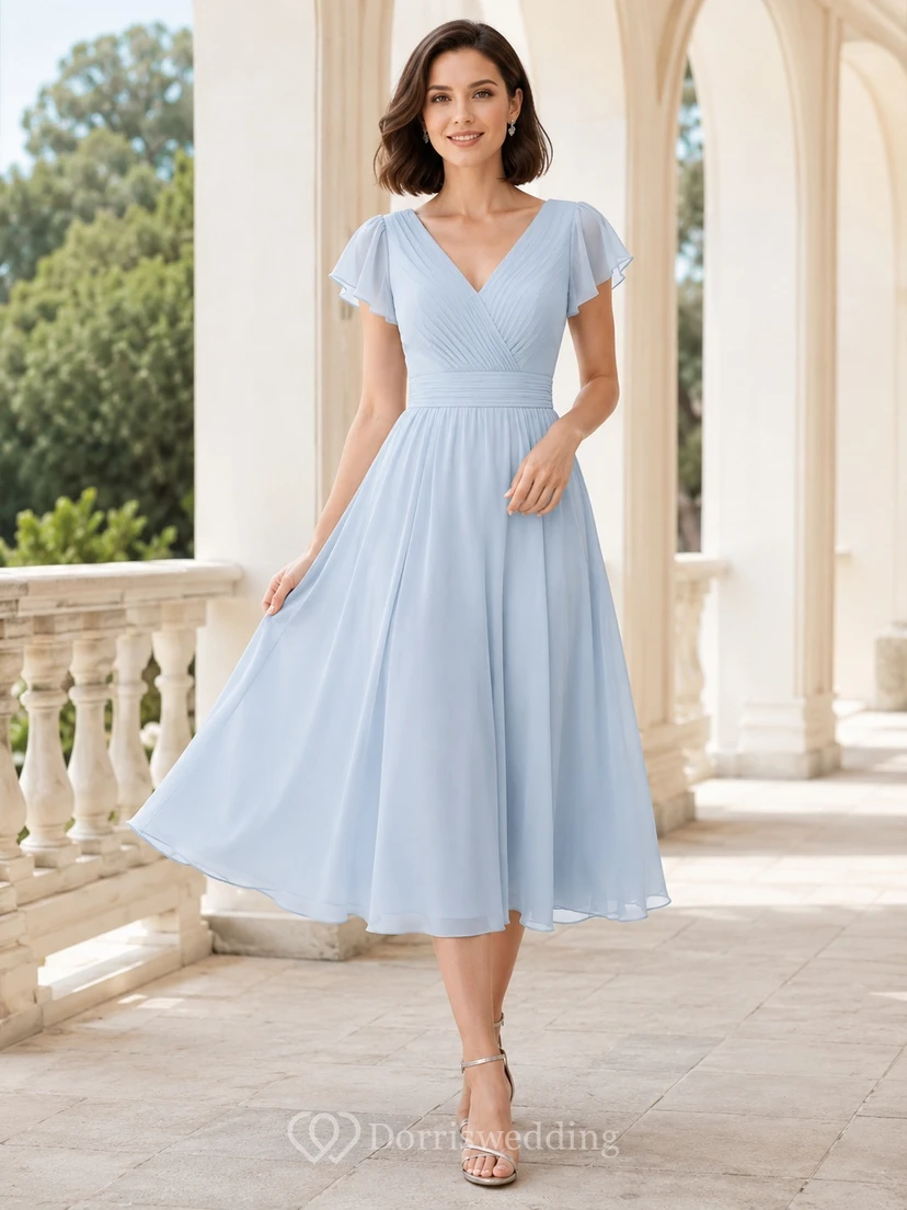 Romantic Sky Blue V Neck Flutter Sleeve Chiffon Tea Length Dress