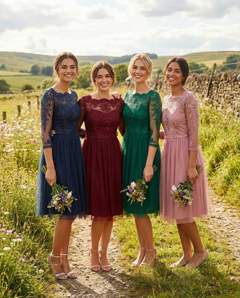 3/4 Sleeve Bateau Neck Tulle Bridesmaid Dress