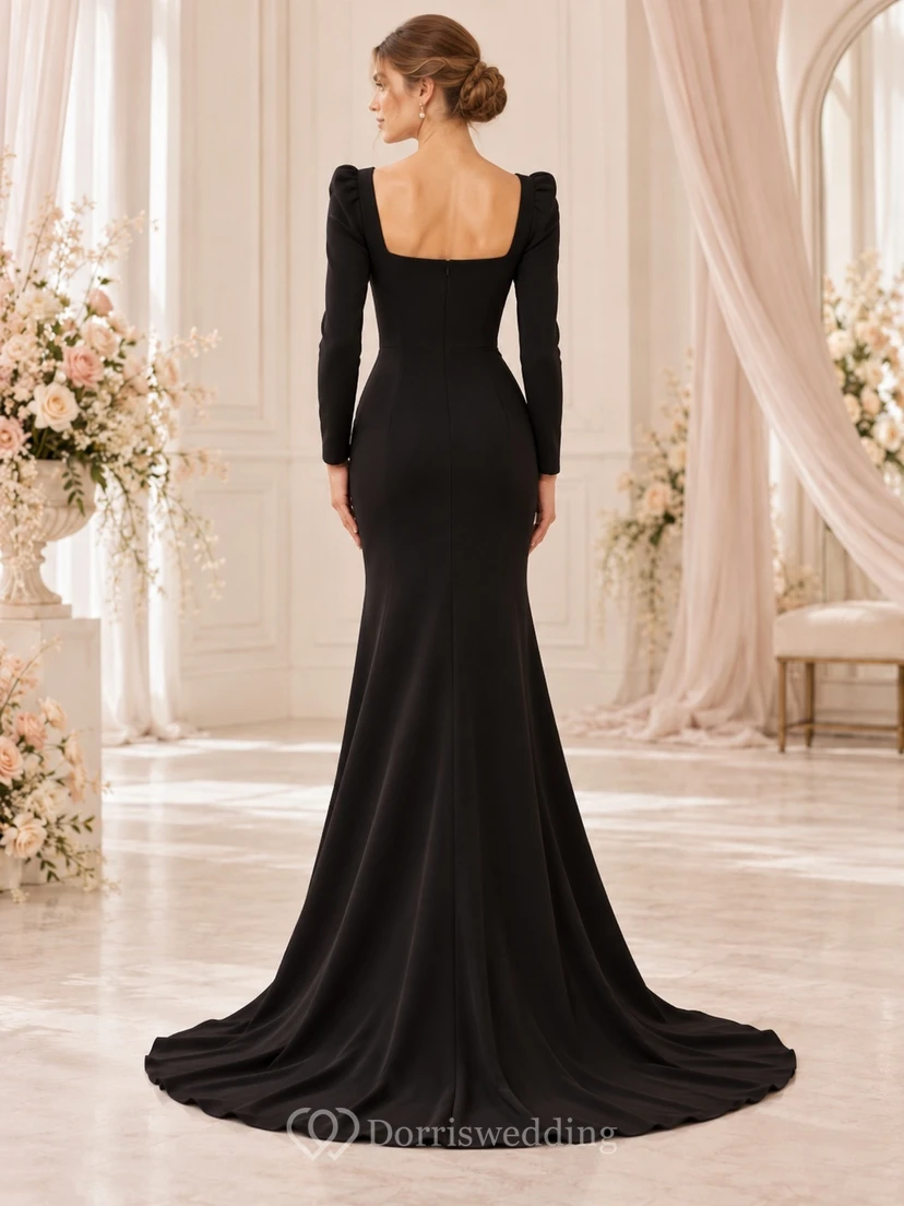 Black Simple Square Neck Long Sleeve Mermaid Bridal Wedding Dress view 2