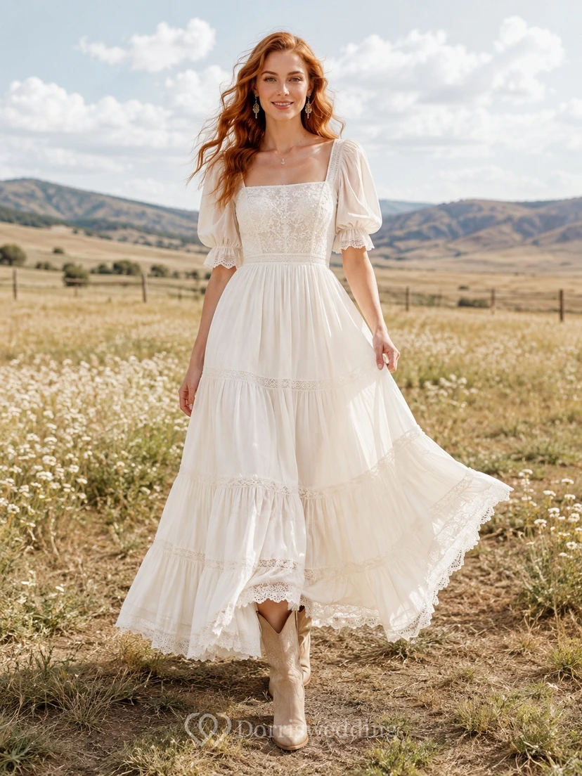 Rustikales Brautkleid aus Chiffon mit quadratischem Ausschnitt, Puffärmeln und Stufenrock in A-Linie und Knöchellänge