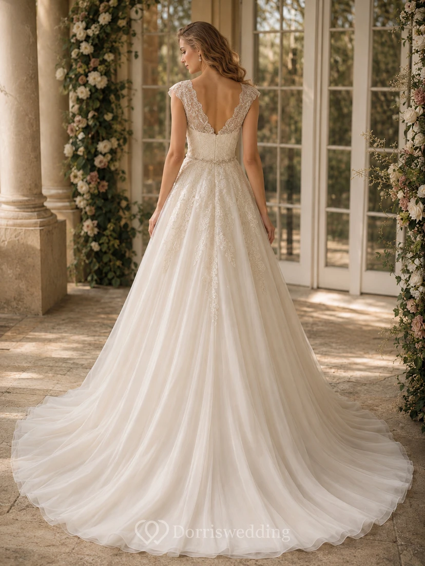 Empire-Brautkleid aus Chiffon mit Perlenbesatz, Falten und Raffungen sowie Schleppe view 3